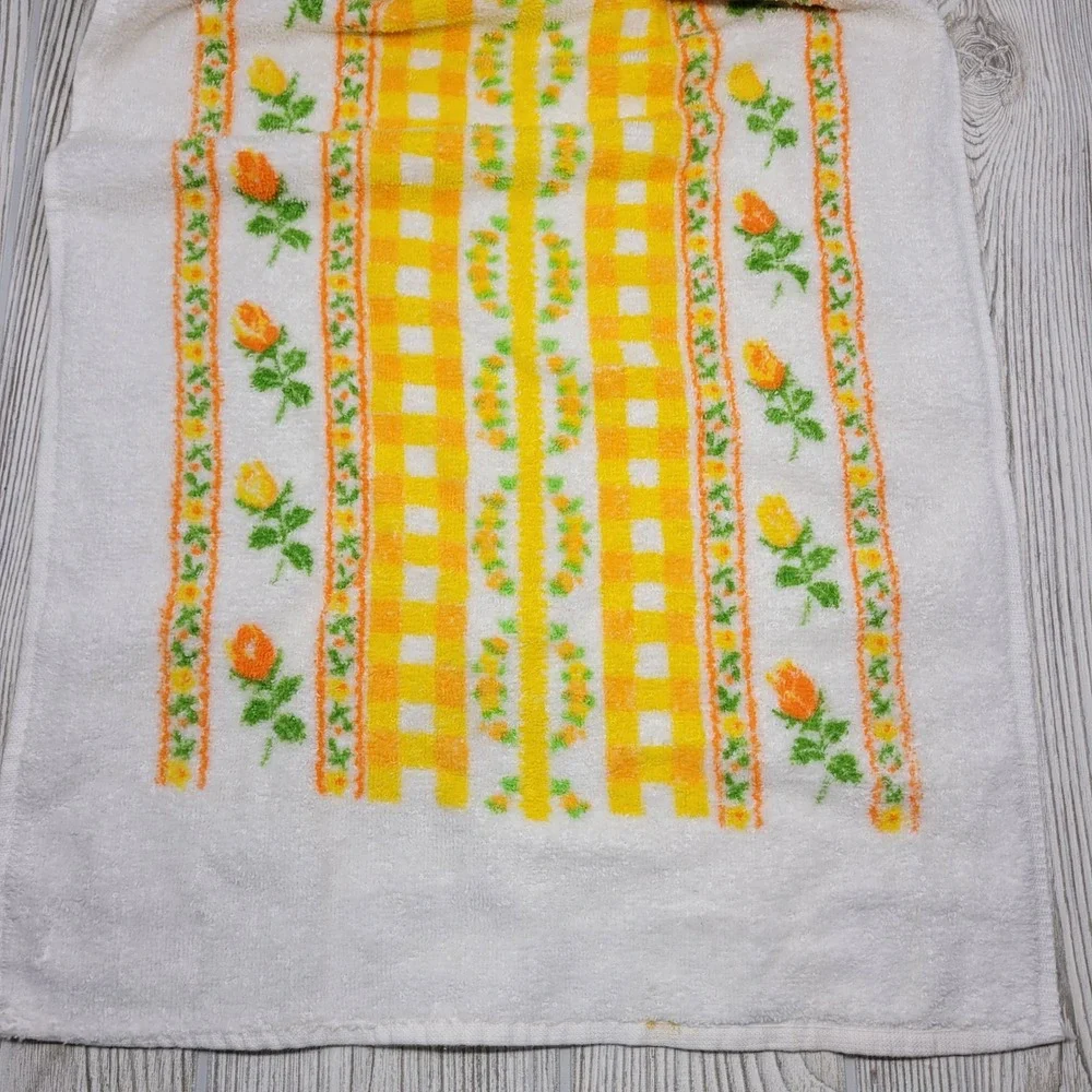 Dundee Hand‎ Towel Set White Yellow Orange Floral Tree Gingham 2pc MCM Vtg